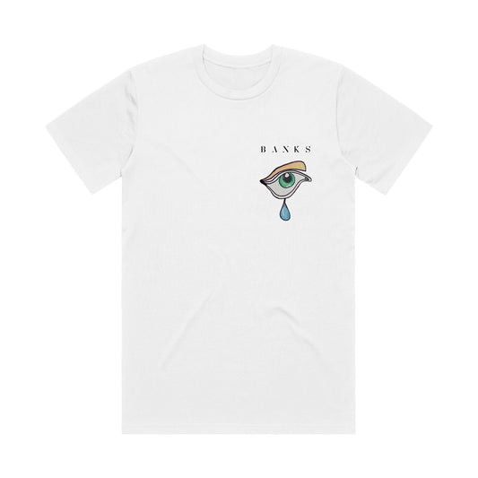 Eye crying drawing chest design white tee product shot front Banks