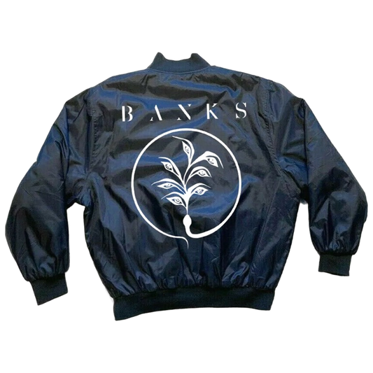 Bomber jacket with the BANKS logo on the back