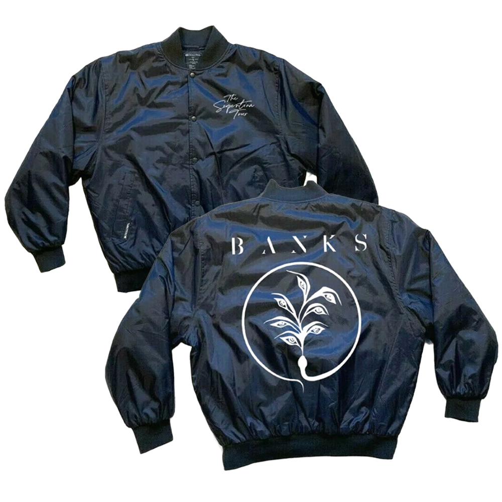 Bomber jacket with "the Serpentina Tour" text on the front chest and the banks logo on the back