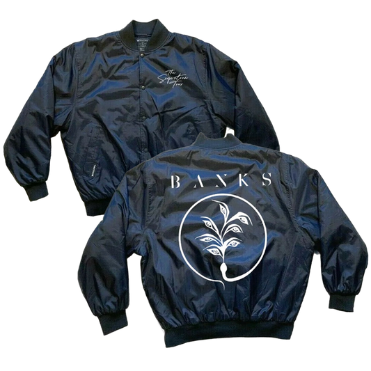 Bomber jacket with "the Serpentina Tour" text on the front chest and the banks logo on the back