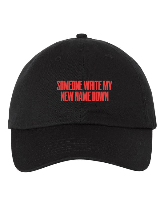 Someone write my new name down red and black hat product shot front Banks