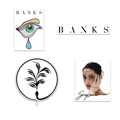 Sticker bundle with Banks crying eye drawing, Banks black and white name design, plant with eye leaves in a snake circle, and Serpentina album cover product shot Banks